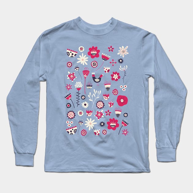 Scandi Birds and Flowers Long Sleeve T-Shirt by NicSquirrell